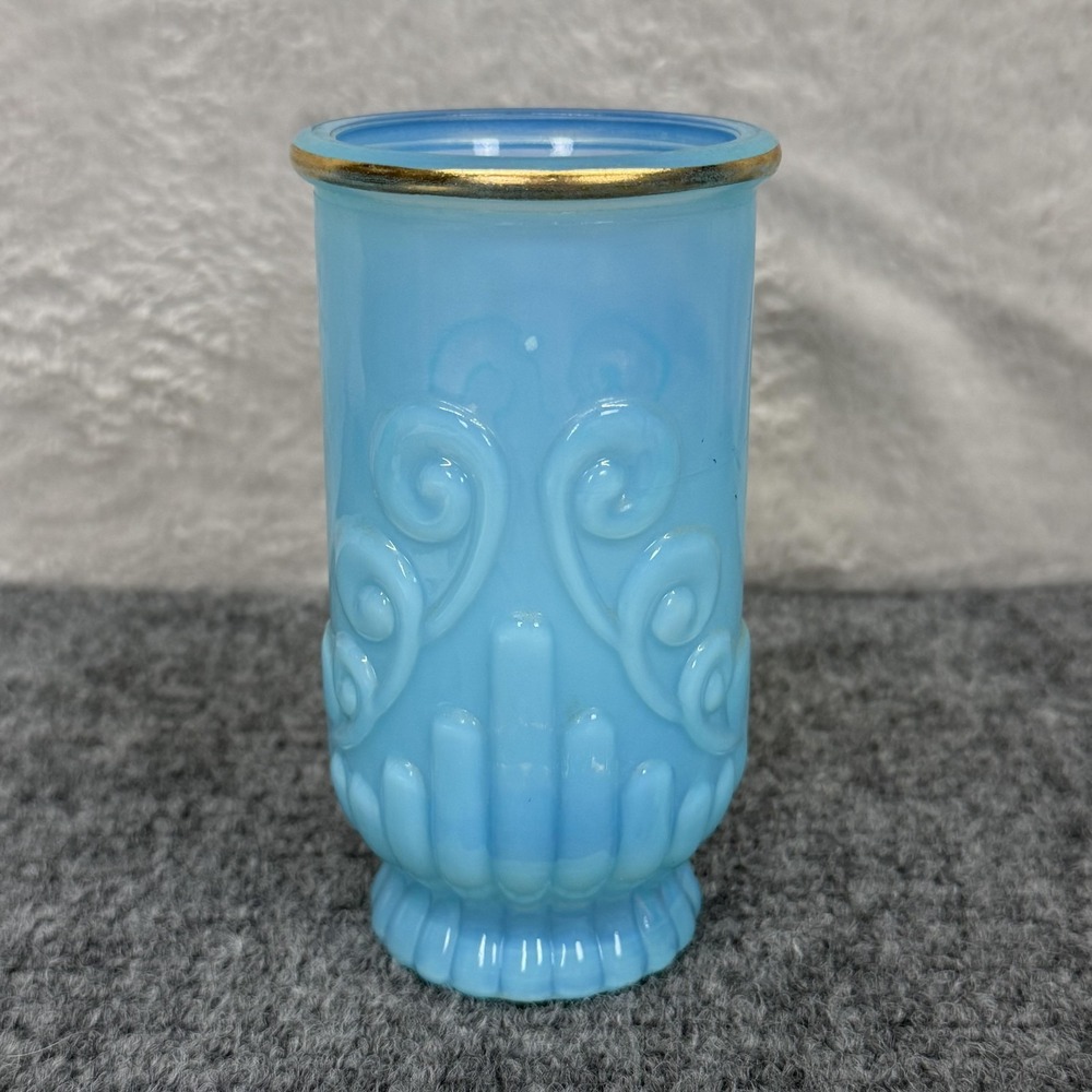 VTG Avon Bristol Blue Opaque Glass Vase 4 3/4 In Scroll Pattern Gold Rim Decor